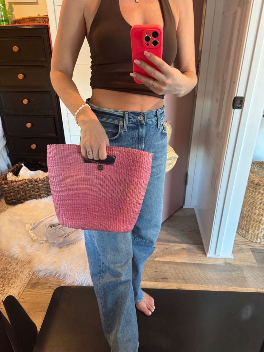 Woven Pink Tote with Top Handle